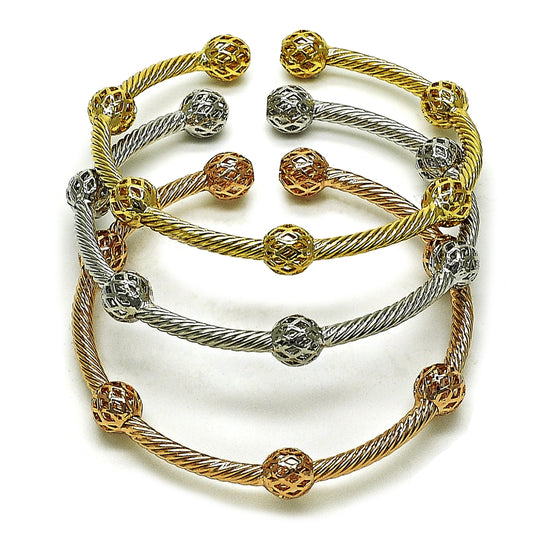 Oro Laminado Trio Bangle, Gold Filled Style Twist and Ball Design, Polished, Tricolor