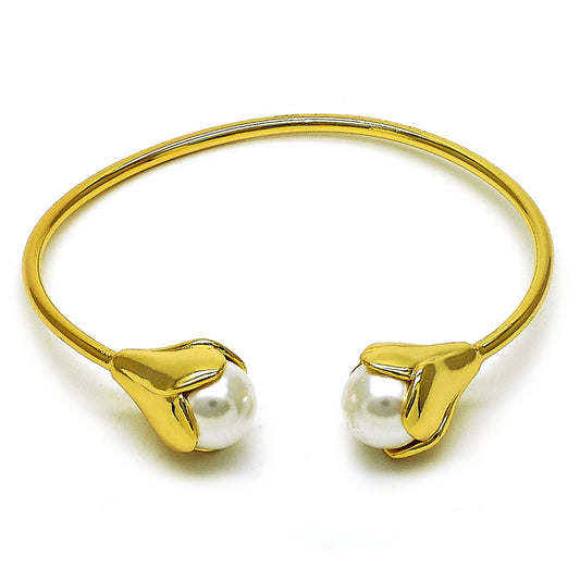 Oro Laminado Individual Bangle, Gold Filled Style Flower and Ball Design, with Ivory Pearl, Polished, Golden Finish