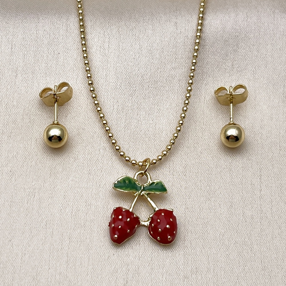 Oro Laminado Earring and Pendant Adult Set, Gold Filled Style Strawberry and Ball Design, Red Enamel Finish, Golden Finish