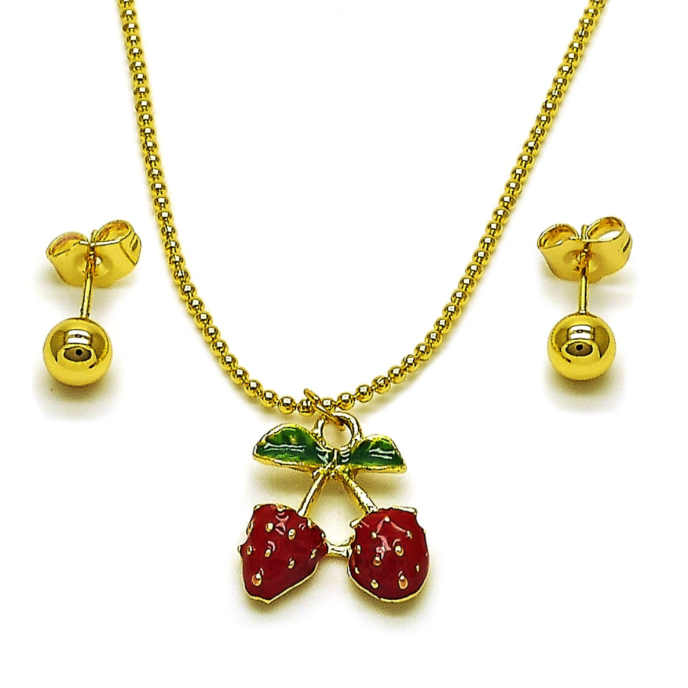 Oro Laminado Earring and Pendant Adult Set, Gold Filled Style Strawberry and Ball Design, Red Enamel Finish, Golden Finish