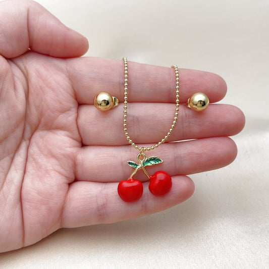 Oro Laminado Earring and Pendant Adult Set, Gold Filled Style Cherry and Ball Design, Red Enamel Finish, Golden Finish