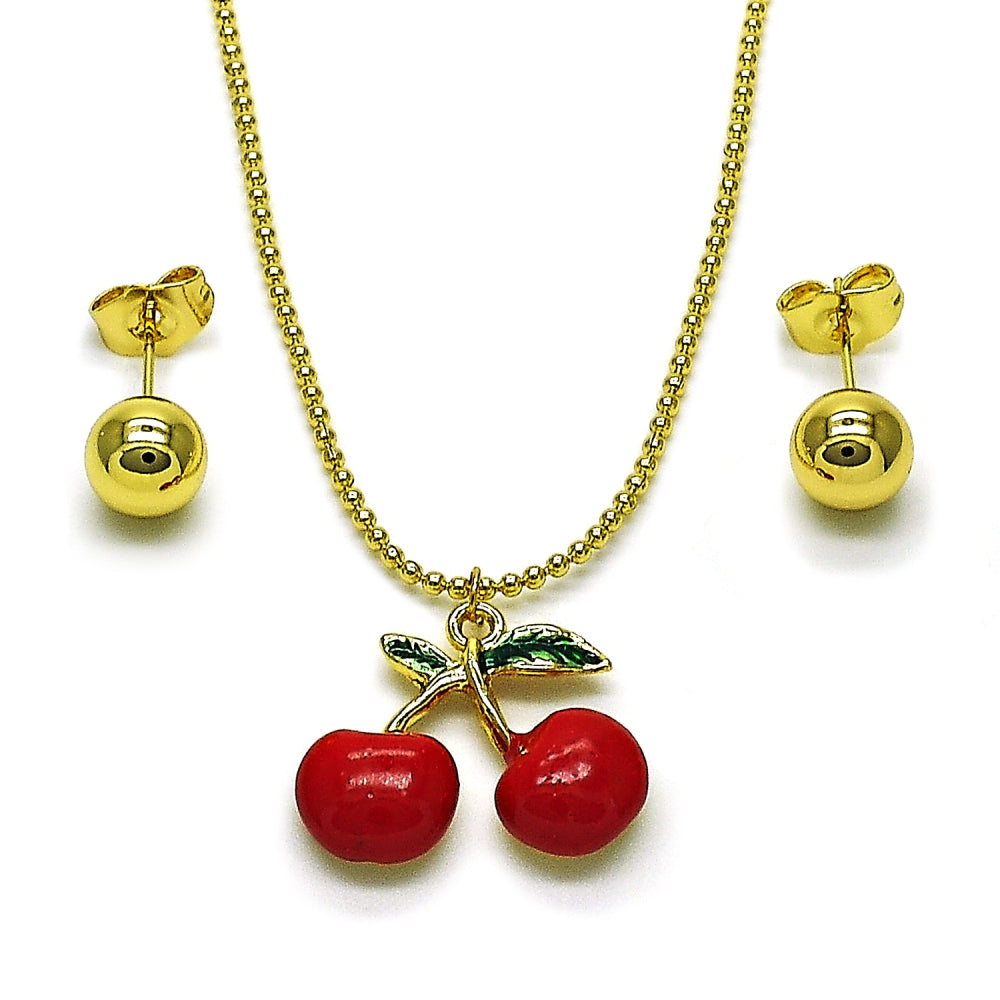 Oro Laminado Earring and Pendant Adult Set, Gold Filled Style Cherry and Ball Design, Red Enamel Finish, Golden Finish