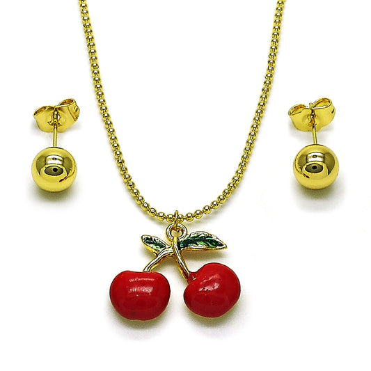 Oro Laminado Earring and Pendant Adult Set, Gold Filled Style Cherry and Ball Design, Red Enamel Finish, Golden Finish