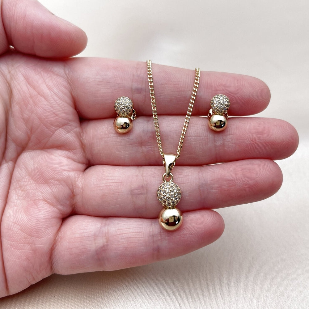 Oro Laminado Earring and Pendant Adult Set, Gold Filled Style Ball and Infinite Design, with White Micro Pave, Polished, Golden Finish