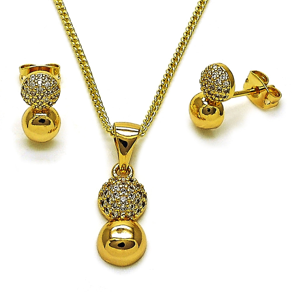 Oro Laminado Earring and Pendant Adult Set, Gold Filled Style Ball and Infinite Design, with White Micro Pave, Polished, Golden Finish