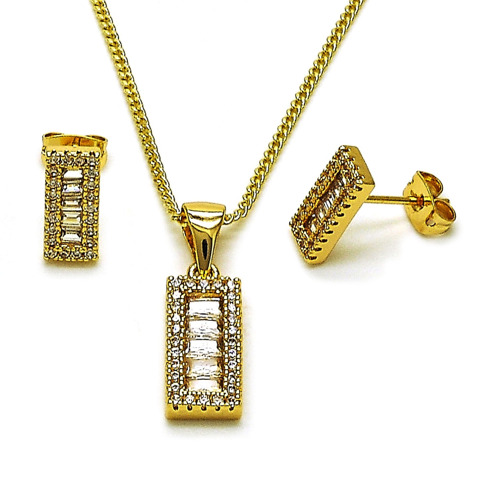 Oro Laminado Earring and Pendant Adult Set, Gold Filled Style Baguette Design, with White Cubic Zirconia and White Micro Pave, Polished, Golden Finish