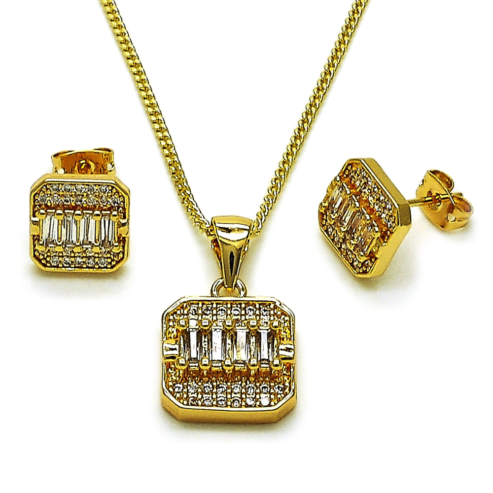 Oro Laminado Earring and Pendant Adult Set, Gold Filled Style Baguette Design, with White Cubic Zirconia, Polished, Golden Finish