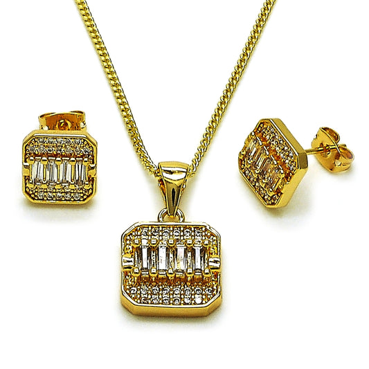 Oro Laminado Earring and Pendant Adult Set, Gold Filled Style Baguette Design, with White Cubic Zirconia, Polished, Golden Finish
