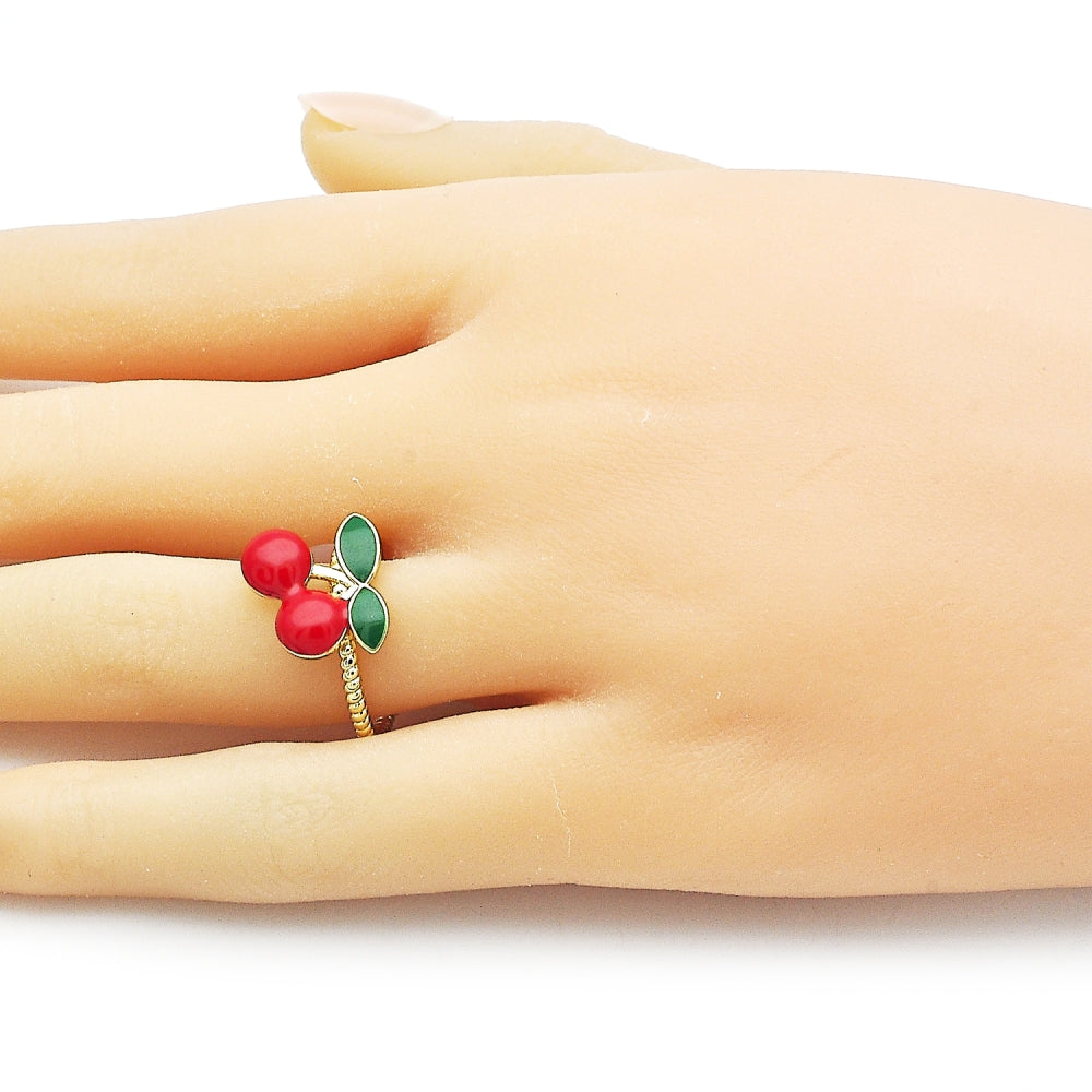 Oro Laminado Elegant Ring, Gold Filled Style Cherry Design, Red Enamel Finish, Golden Finish