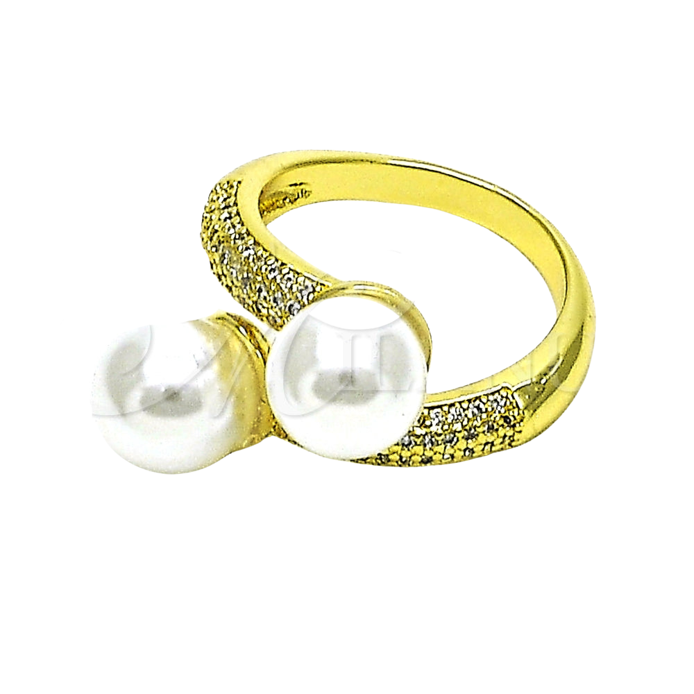 Oro Laminado Multi Stone Ring, Gold Filled Style with White Micro Pave and Ivory Pearl, Polished, Golden Finish