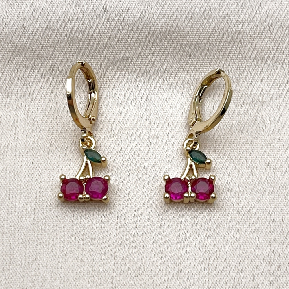 Oro Laminado Dangle Earring, Gold Filled Style Cherry Design, with Ruby and Green Cubic Zirconia, Polished, Golden Finish