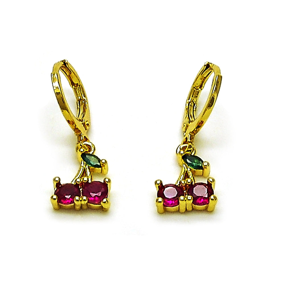 Oro Laminado Dangle Earring, Gold Filled Style Cherry Design, with Ruby and Green Cubic Zirconia, Polished, Golden Finish