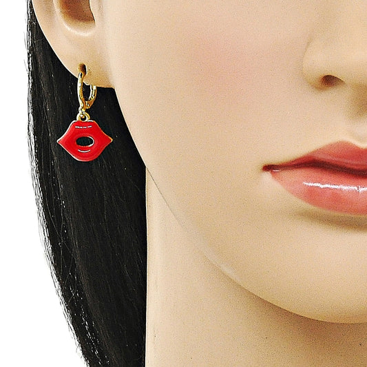Oro Laminado Dangle Earring, Gold Filled Style Lips Design, Red Enamel Finish, Golden Finish