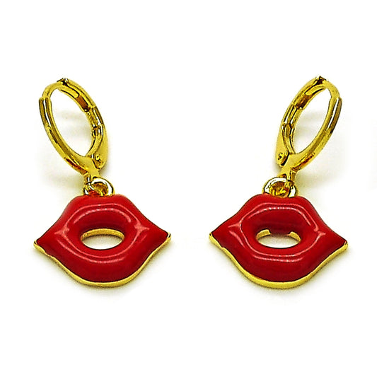 Oro Laminado Dangle Earring, Gold Filled Style Lips Design, Red Enamel Finish, Golden Finish