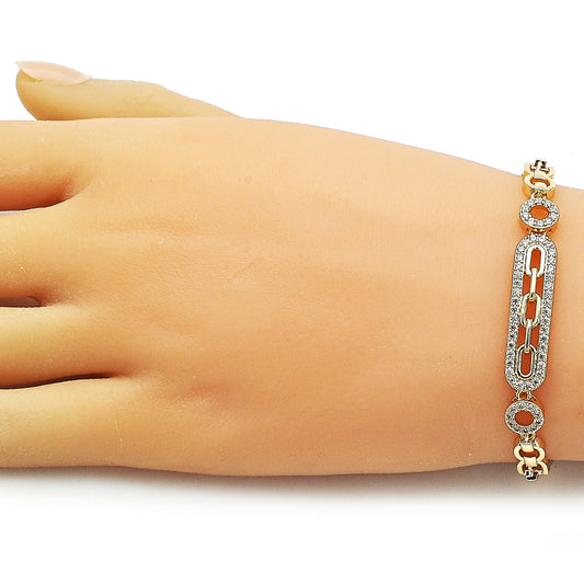 Oro Laminado Fancy Bracelet, Gold Filled Style Paperclip and Belt Buckle Design, with White Cubic Zirconia, Polished, Golden Finish