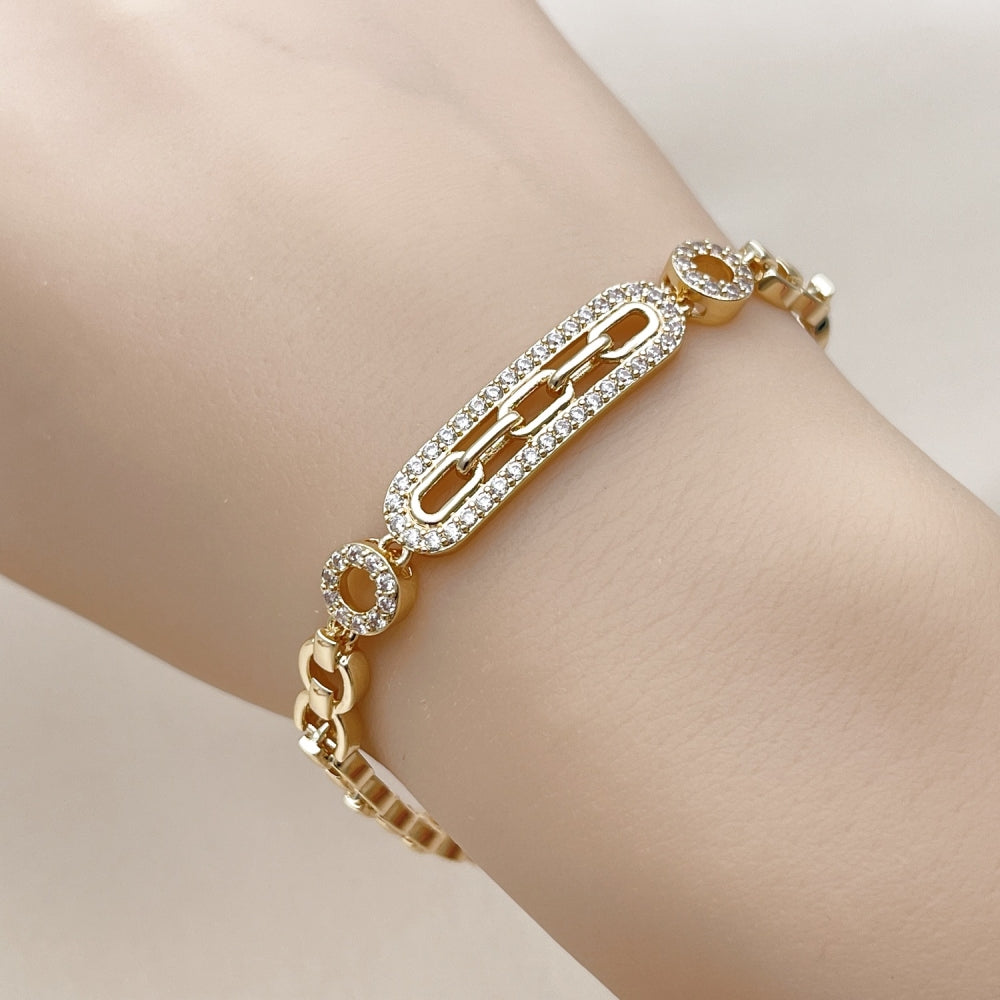 Oro Laminado Fancy Bracelet, Gold Filled Style Paperclip and Belt Buckle Design, with White Cubic Zirconia, Polished, Golden Finish