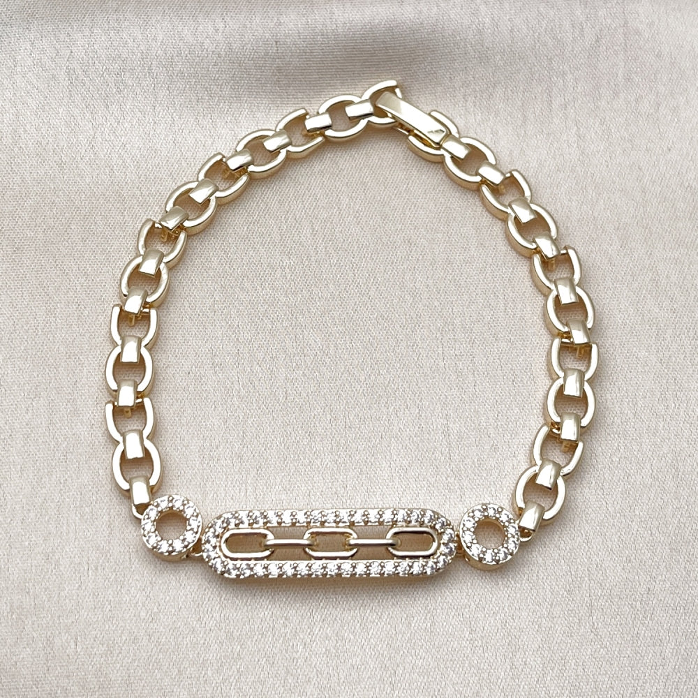 Oro Laminado Fancy Bracelet, Gold Filled Style Paperclip and Belt Buckle Design, with White Cubic Zirconia, Polished, Golden Finish