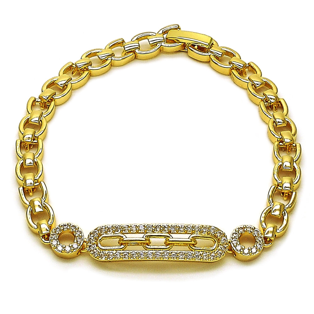 Oro Laminado Fancy Bracelet, Gold Filled Style Paperclip and Belt Buckle Design, with White Cubic Zirconia, Polished, Golden Finish