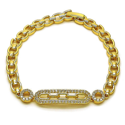 Oro Laminado Fancy Bracelet, Gold Filled Style Paperclip and Belt Buckle Design, with White Cubic Zirconia, Polished, Golden Finish