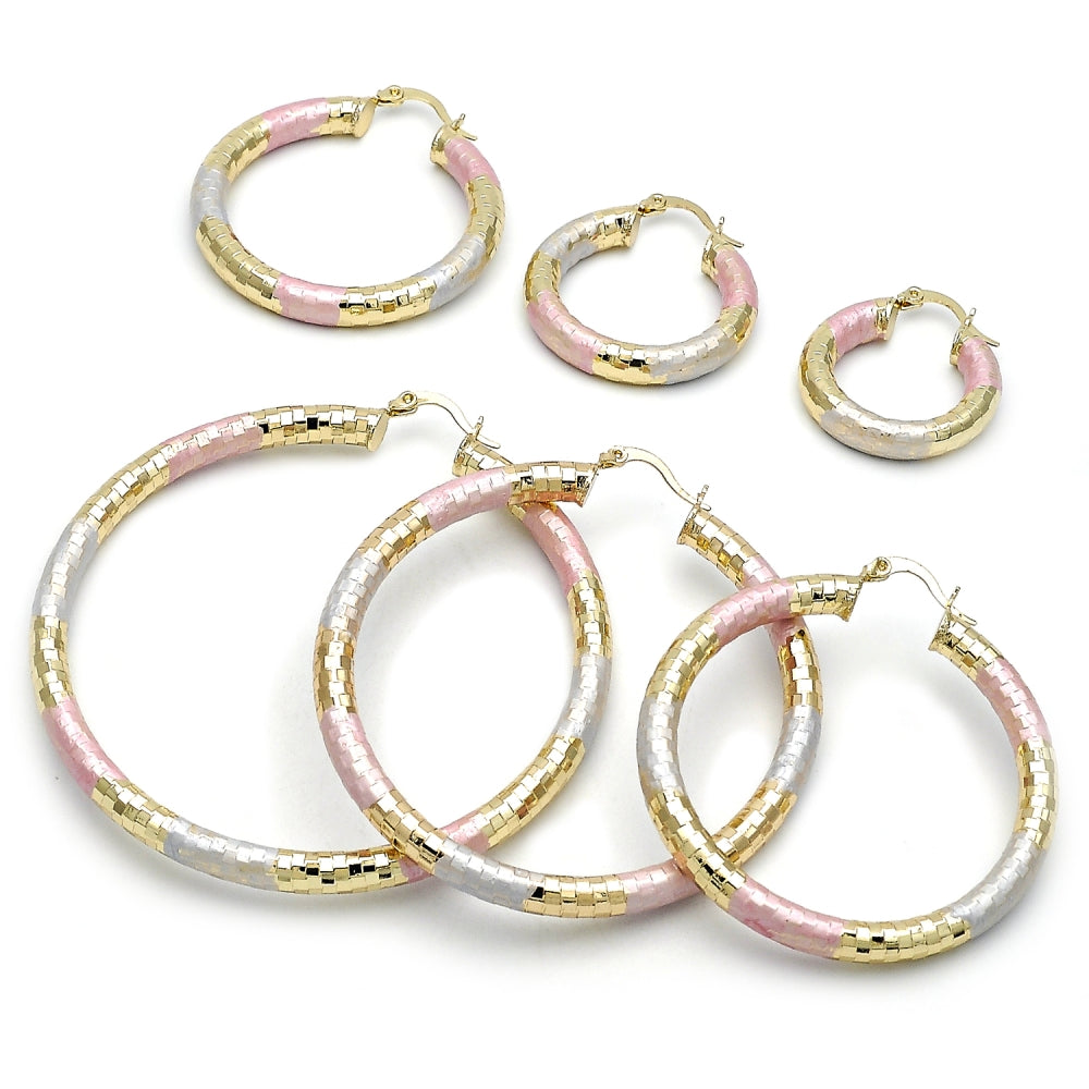 Oro Laminado Large Hoop, Gold Filled Style Hollow Design, Diamond Cutting Finish, Tricolor