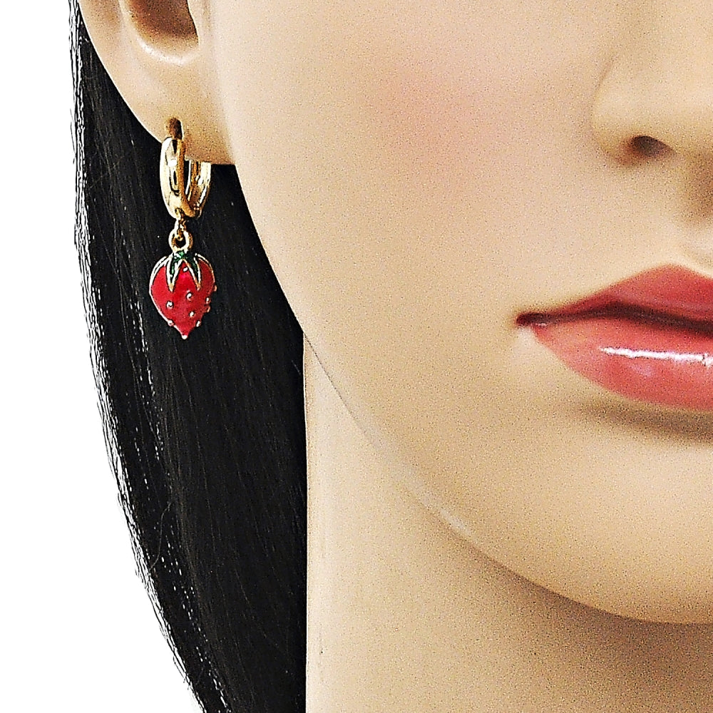 Oro Laminado Dangle Earring, Gold Filled Style Strawberry Design, Red Enamel Finish, Golden Finish