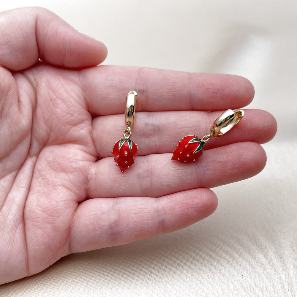 Oro Laminado Dangle Earring, Gold Filled Style Strawberry Design, Red Enamel Finish, Golden Finish
