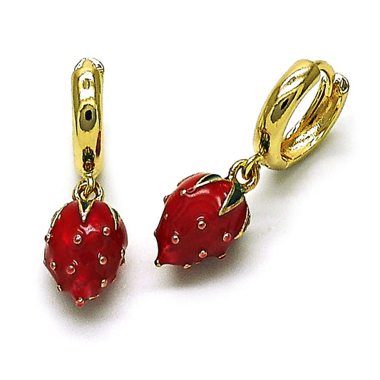 Oro Laminado Dangle Earring, Gold Filled Style Strawberry Design, Red Enamel Finish, Golden Finish