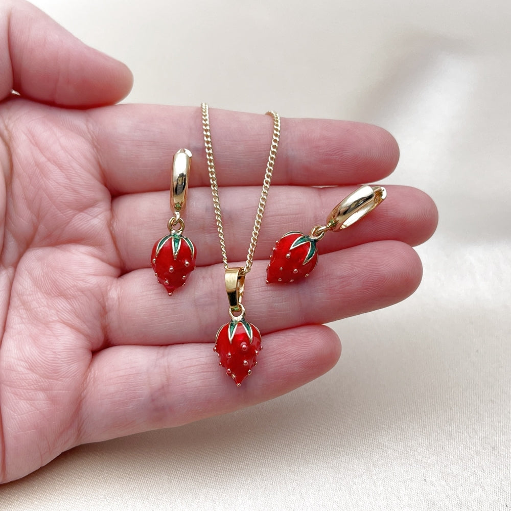 Oro Laminado Earring and Pendant Adult Set, Gold Filled Style Strawberry Design, Polished, Golden Finish