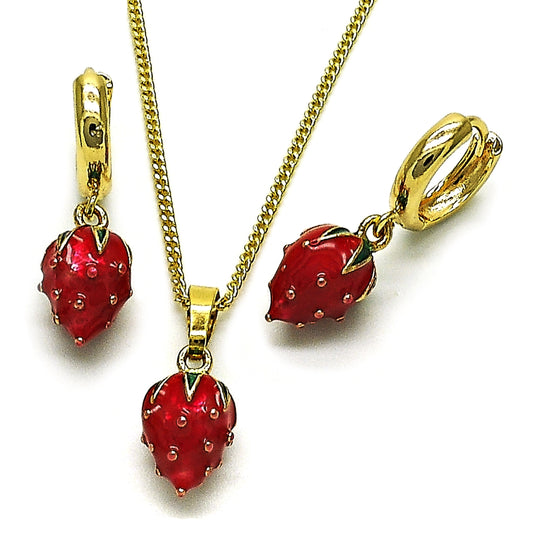 Oro Laminado Earring and Pendant Adult Set, Gold Filled Style Strawberry Design, Polished, Golden Finish