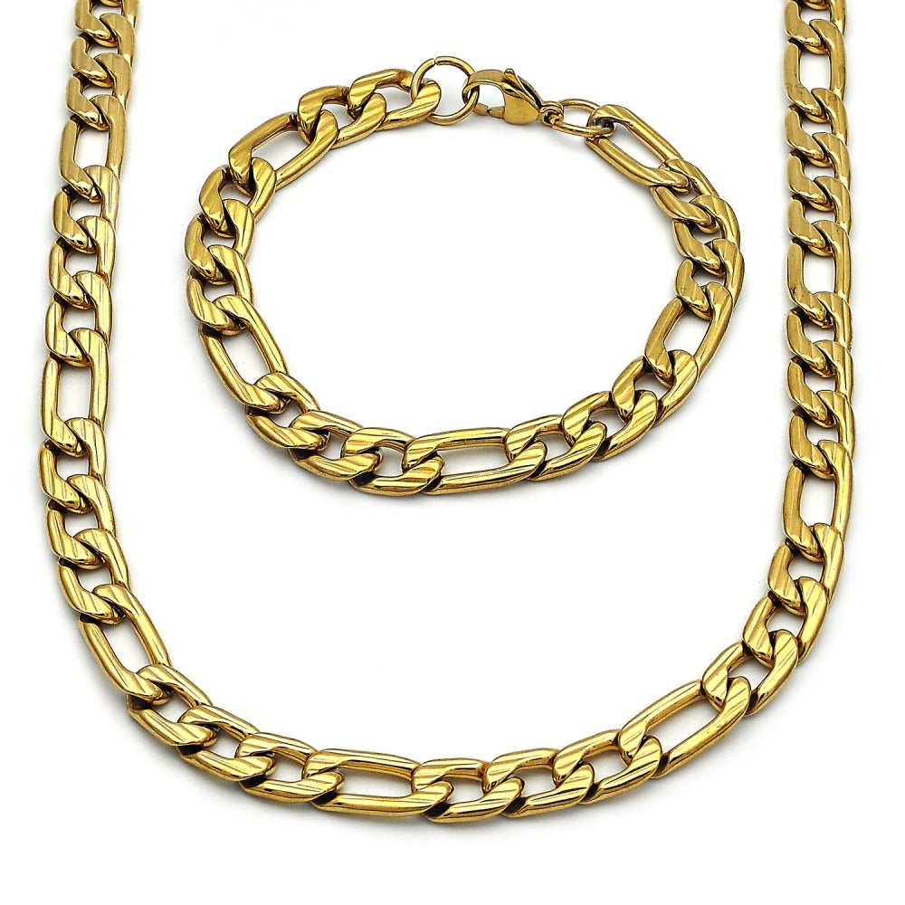 Stainless Steel Necklace and Bracelet, Figaro Design, Polished, Golden Finish
