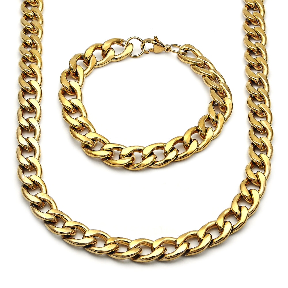 Stainless Steel Necklace and Bracelet, Curb Design, Polished, Golden Finish