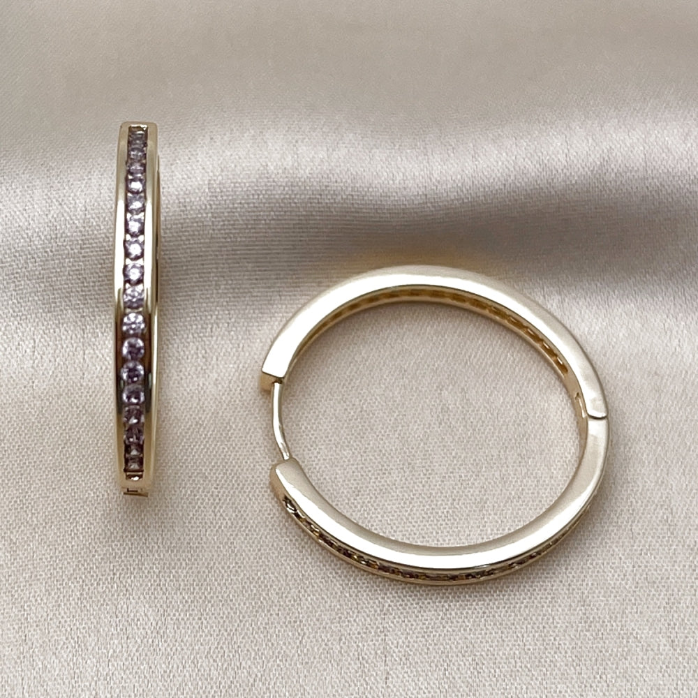 Oro Laminado Huggie Hoop, Gold Filled Style with Amethyst Cubic Zirconia, Polished, Golden Finish