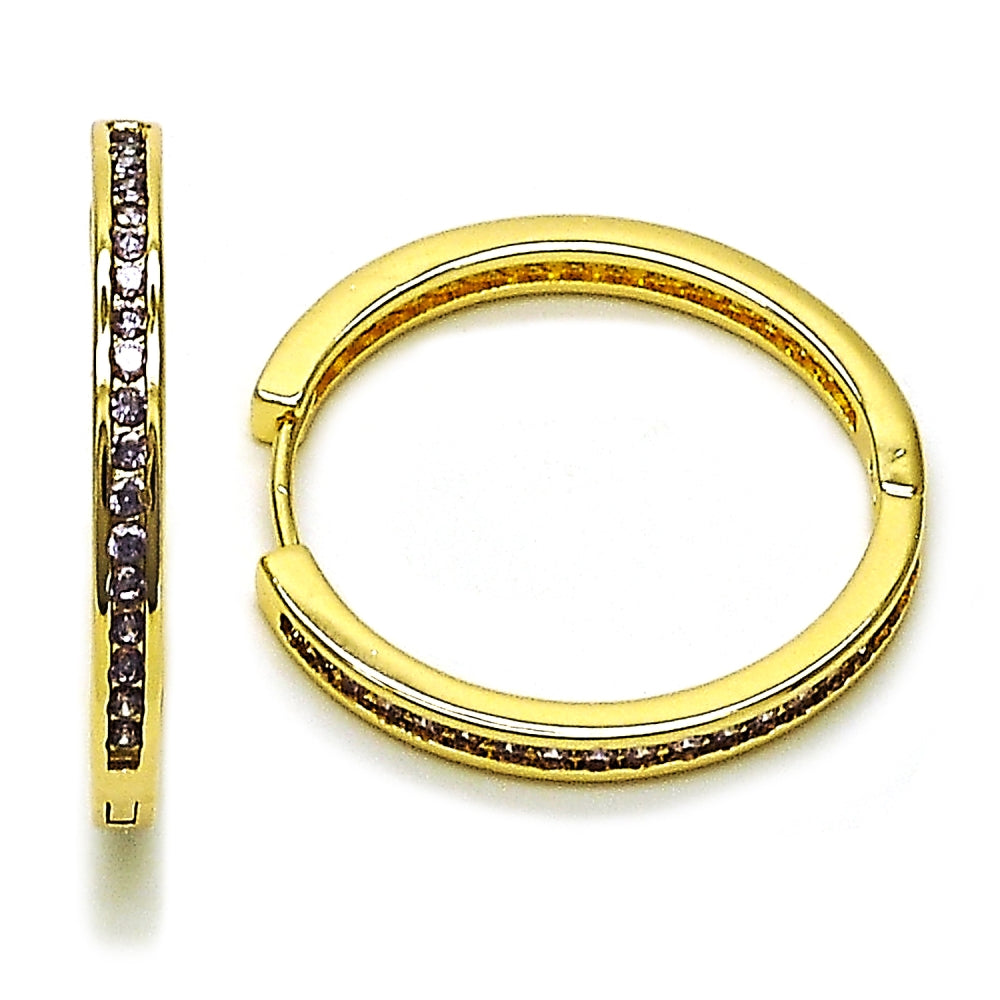 Oro Laminado Huggie Hoop, Gold Filled Style with Amethyst Cubic Zirconia, Polished, Golden Finish