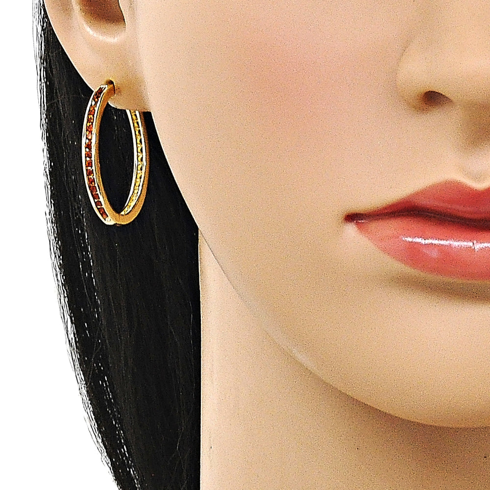 Oro Laminado Huggie Hoop, Gold Filled Style with Garnet Cubic Zirconia, Polished, Golden Finish