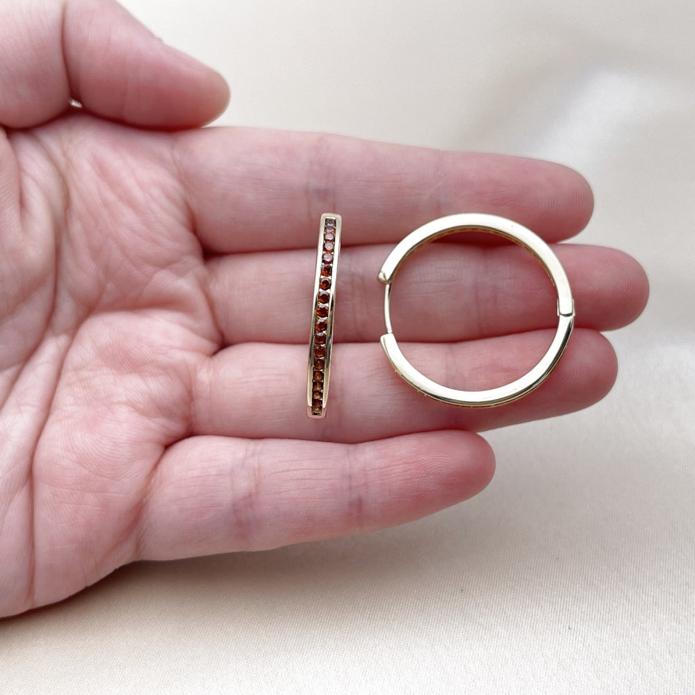 Oro Laminado Huggie Hoop, Gold Filled Style with Garnet Cubic Zirconia, Polished, Golden Finish