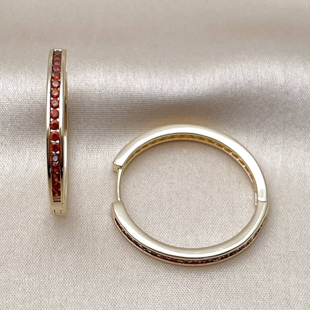 Oro Laminado Huggie Hoop, Gold Filled Style with Garnet Cubic Zirconia, Polished, Golden Finish