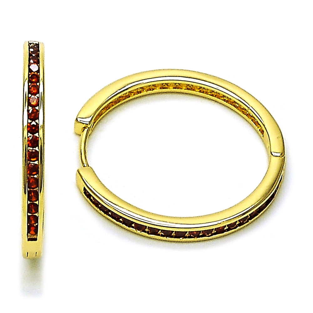 Oro Laminado Huggie Hoop, Gold Filled Style with Garnet Cubic Zirconia, Polished, Golden Finish