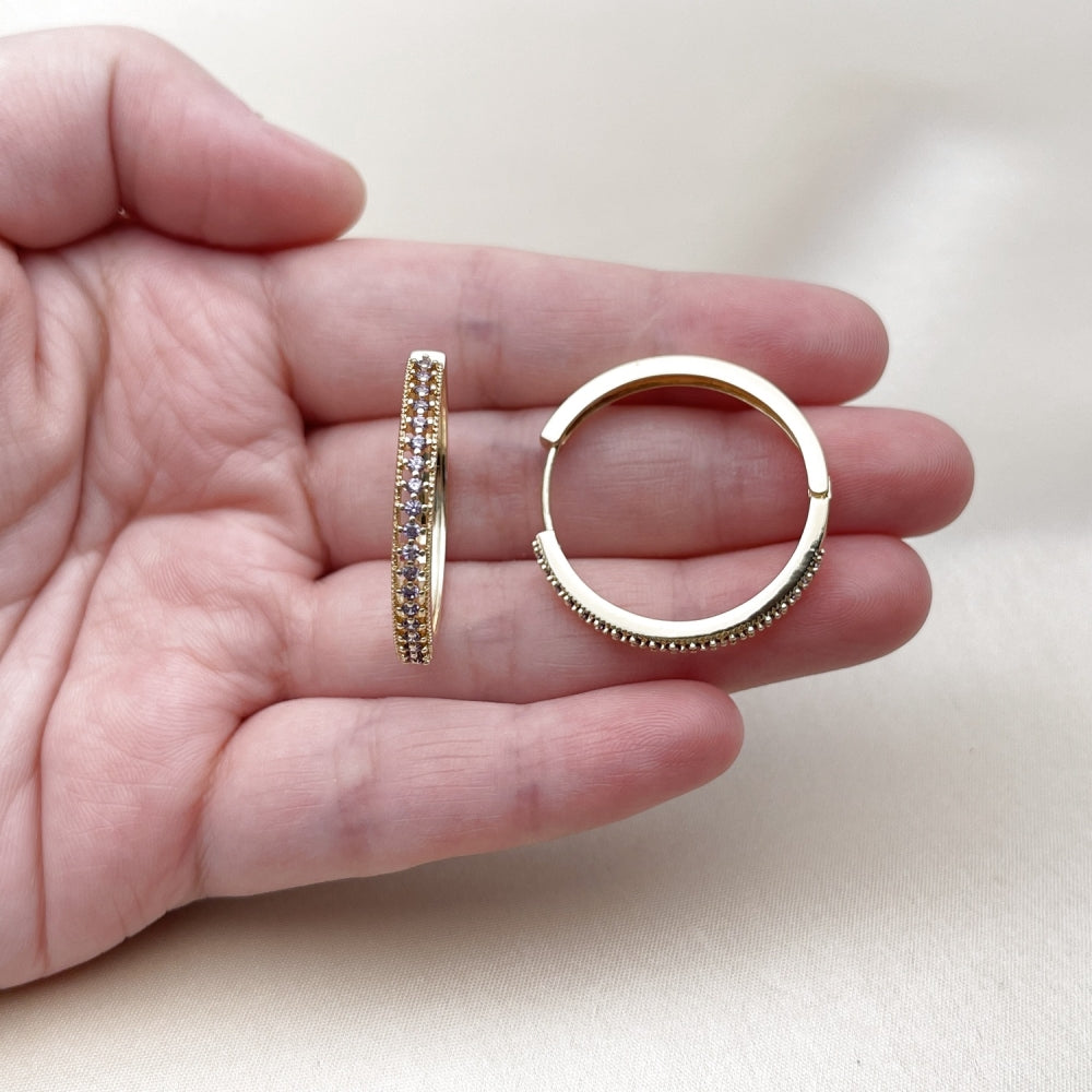 Oro Laminado Huggie Hoop, Gold Filled Style with Amethyst Cubic Zirconia, Polished, Golden Finish