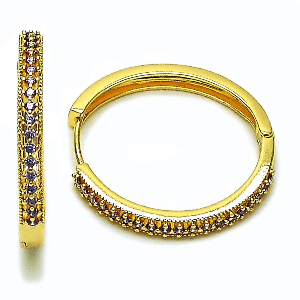 Oro Laminado Huggie Hoop, Gold Filled Style with Amethyst Cubic Zirconia, Polished, Golden Finish