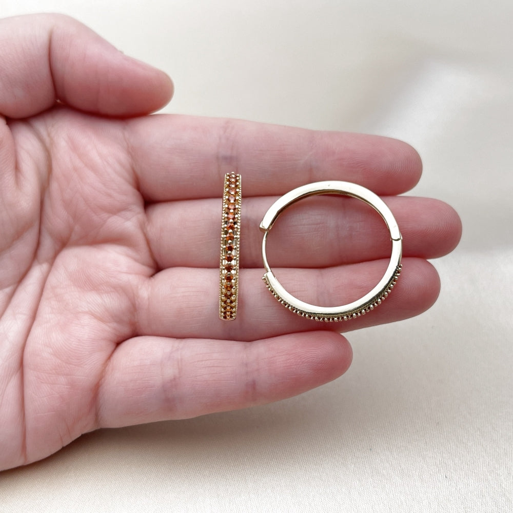 Oro Laminado Huggie Hoop, Gold Filled Style with Garnet Cubic Zirconia, Polished, Golden Finish