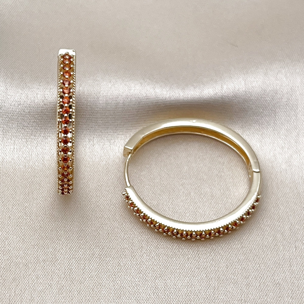 Oro Laminado Huggie Hoop, Gold Filled Style with Garnet Cubic Zirconia, Polished, Golden Finish