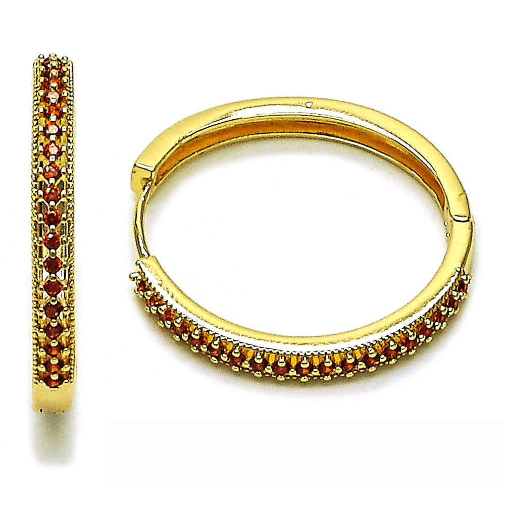 Oro Laminado Huggie Hoop, Gold Filled Style with Garnet Cubic Zirconia, Polished, Golden Finish