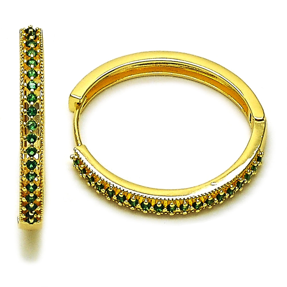 Oro Laminado Huggie Hoop, Gold Filled Style with Green Cubic Zirconia, Polished, Golden Finish