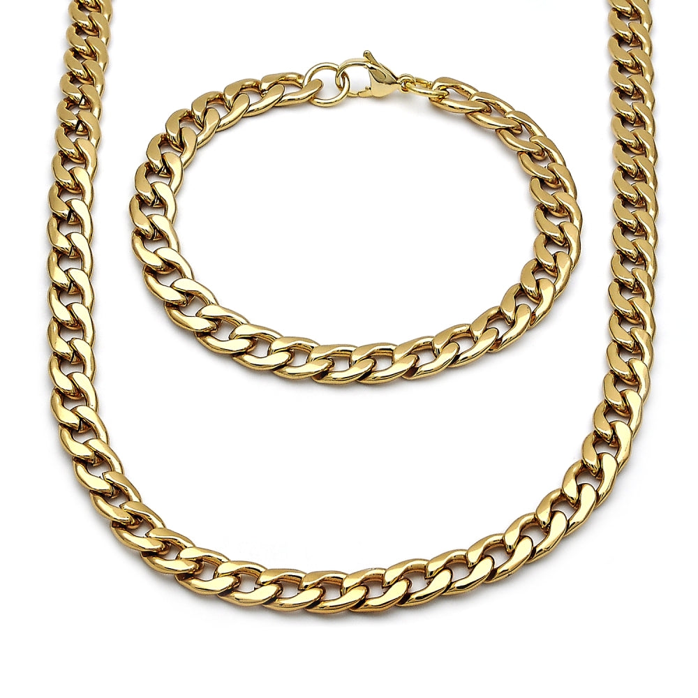 Stainless Steel Necklace and Bracelet, Curb Design, Polished, Golden Finish