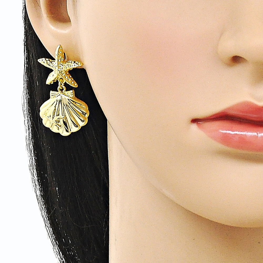 Oro Laminado Stud Earring, Gold Filled Style Shell and Star Design, Polished, Golden Finish