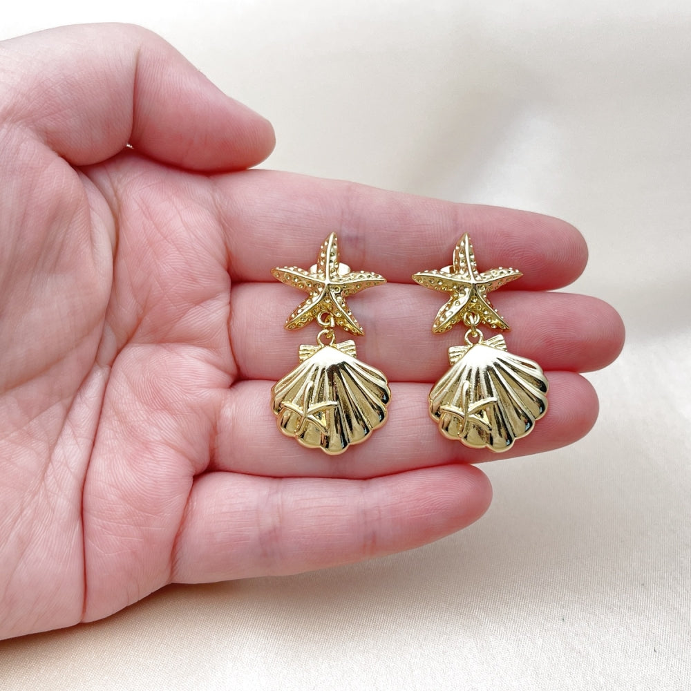 Oro Laminado Stud Earring, Gold Filled Style Shell and Star Design, Polished, Golden Finish
