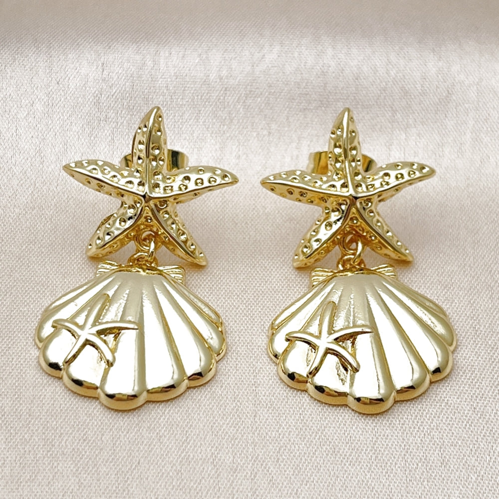 Oro Laminado Stud Earring, Gold Filled Style Shell and Star Design, Polished, Golden Finish