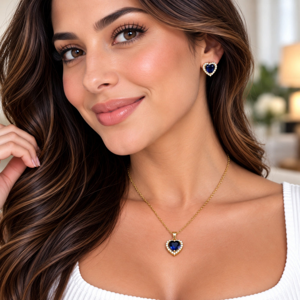 Oro Laminado Earring and Pendant Adult Set, Gold Filled Style Heart and Cluster Design, with Sapphire Blue and White Cubic Zirconia, Polished, Golden Finish