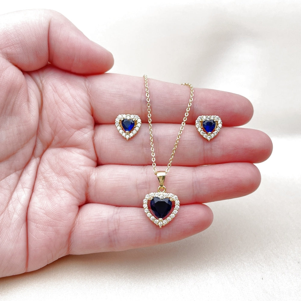 Oro Laminado Earring and Pendant Adult Set, Gold Filled Style Heart and Cluster Design, with Sapphire Blue and White Cubic Zirconia, Polished, Golden Finish