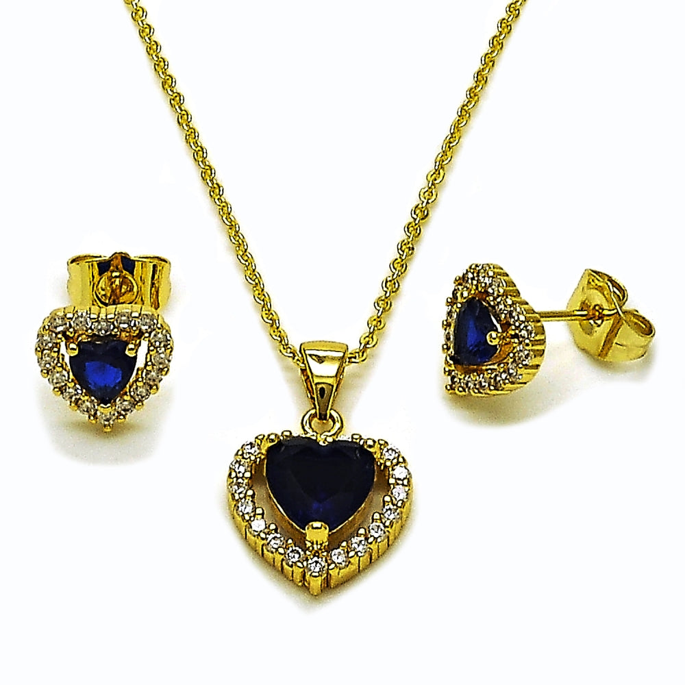 Oro Laminado Earring and Pendant Adult Set, Gold Filled Style Heart and Cluster Design, with Sapphire Blue and White Cubic Zirconia, Polished, Golden Finish